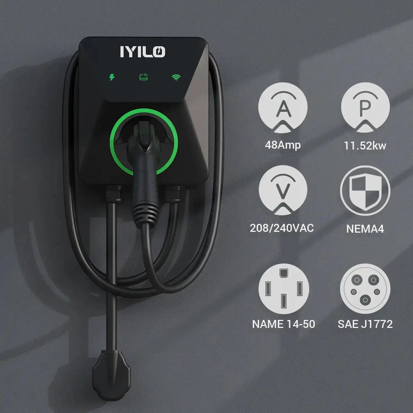 IYILO Level 2 EV Charger NEMA 14-50 J1772 Wall-mounted Plug In - 48A
